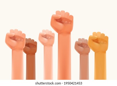 Different race men fists up in the air. Strike or human power concept