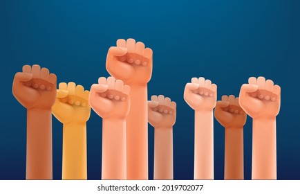 Different race men fists up in the air. Strike or human power concept