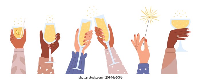 Different race skin color hands hold champagne, wine, cocktail glasses and bengal light for holidays. People on Christmas party. Vector flat illustration.