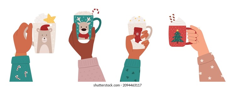 Different race skin color hands in cute sweater hold cups with sweet coffee or hot chocolate. Vector flat style.