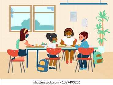 Different Races Elementary School Pupils In Protective Masks Having Lunch In School Cafeteria. New Normal Education Concept. Coronavirus Covid-19. Flat Vector Illustration.