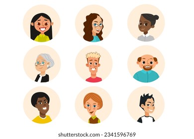 Different races icons in the flat cartoon design. Images of avatars of boys and girls who do not look alike. Vector illustration.