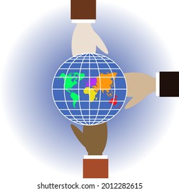 Different races people hold globe. Showing kindness and respect symbol. Trust, friendship sign. All continents of planet Earth. Peace, love, teamwork metaphor. Strong relationships people. Vector flat