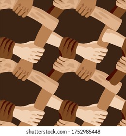 Different races of People holding hands together. top view of hands of different skin colors Vector illustration dark background