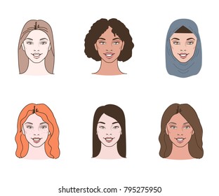 
Different races women avatars. Line style vector illustration.