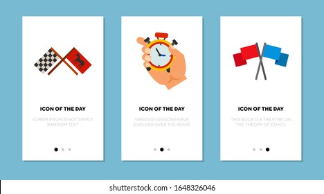 Different racings flat icon set. Horse, car, time isolated vector sign pack. Sport and transport concept. Vector illustration symbol elements for web design and apps