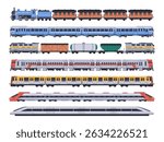 Different rail transport set. Passenger and goods trains with wagons, carriages side view. Modern and old railway vehicle. Railroad machinery. Flat isolated vector illustration on white background