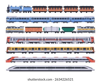 Conjunto diferente de transporte ferroviário. Comboios de passageiros e de mercadorias com vagões, carruagens com vista lateral. Veículo ferroviário moderno e antigo. Máquinas ferroviárias. Ilustração de vetor isolado plano sobre fundo branco