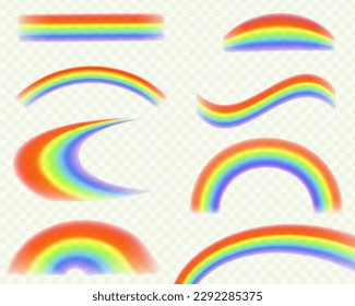 Different rainbow light shapes isolated. Refractions set, leak flare overlay, rainbow sunlight effect