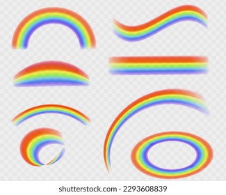 Different rainbow light shapes isolated. Refractions set, leak flare overlay, rainbow sunlight effect