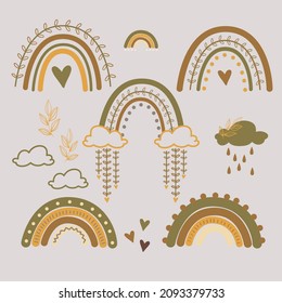Different rainbow patterns in bohemian style to use in decoration or background designs with clouds, vines, rain and heart in vintage theme