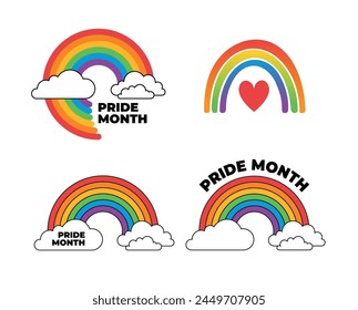Different rainbow symbols of Pride Month. LGBTQI+ flat vector illustrations for fabric print and other