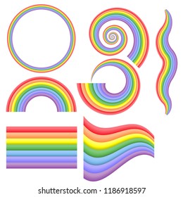 Different rainbows set. Colorful borders, waves and decorative elements