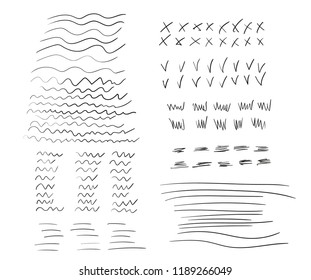 Different random drawn lines. Vector wavy doodles, elements of hatching, strikethrough. Marker style brush set.