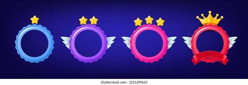 Different rank emblems with empty circle frames. Game achievement badges collection. 3d vector clipart