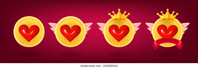 Distintos emblemas de rango con corazones. Colección de insignias de logro de juegos. 3.ª cliparte vectorial