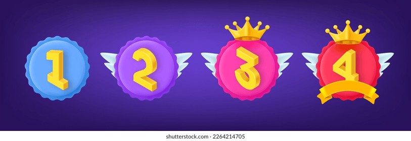 Distintos emblemas de rango con números. Colección de insignias de logro de juegos. 3.ª cliparte vectorial