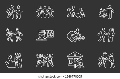 Different rape types chalk icons set. Date, statutory and spousal rape. Abuse of women in prison. Sexual harassment and assault of females. Isolated vector chalkboard illustrations
