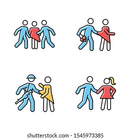Different rape types color icons set. Sexual harassment of women. Date, statutory, war and gang rape. Sexual assaulted female victims. Victims of abuse. Isolated vector illustrations
