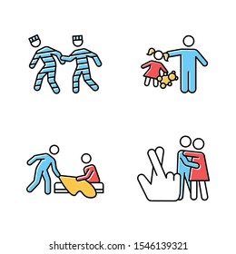 Different rape types color icons set. Prison, statutory, spousal rape. Sexual harassment of woman. Victims of abuse. Female victims of sexual assault. Isolated vector illustrations
