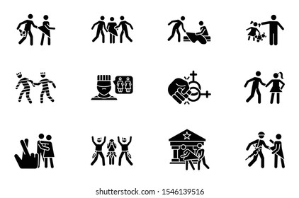 Different rape types glyph icons set. Date, statutory and spousal rape. Abuse of women in prison. Sexual harassment and assault of females. Silhouette symbols. Vector isolated illustration