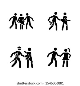 Different rape types glyph icons set. Silhouette symbols. Sexual harassment of women. Date, statutory, war and gang rape. Sexual assaulted female victims. Vector isolated illustration