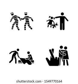 Different rape types glyph icons set. Prison, statutory, spousal rape. Sexual harassment of woman. Female victims of sexual assault. Silhouette symbols. Vector isolated illustration