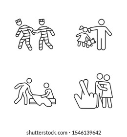 Diferentes tipos de violación conjunto de iconos lineales. Prisión, estatutario, violación conyugal. Acoso sexual. Agresión sexual. Símbolos de contorno de línea delgada. Ilustraciones de contorno de Vector aislado. Trazo editable