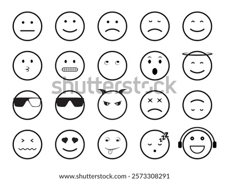 Different reaction emojis black outline. Emoji set. Pack of different expressions emoticons