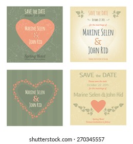 Different ready to print Save the Date and greetings cards. Hand drawn elements and aged texture. Examples of cute and romantic styles. Vector images.