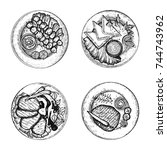 different ready-made meat dishes on plates set of vector sketches. isolated illustration. hand drawing on white background