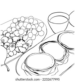 different ready-made meat and vegetables dishes on plates. Sketch