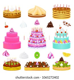 Different realistic cakes set. Birthday pie, vector illustration