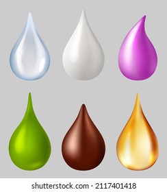 Different realistic drops. Falling honey drop, chocolate, milk, water, color. Capsule of liquid vitamins. Vector image