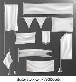 Different realistic flag cloth material textile white blank template isolated illustration template mockup vector set.