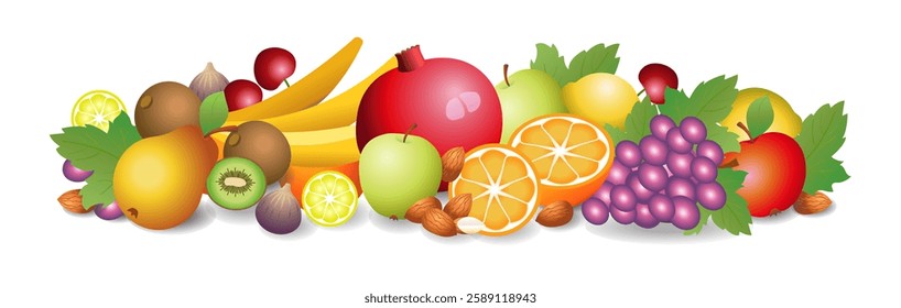 Different realistic Fruits and nuts on a white background. Set. Still life. Advertising, flyer, internet header, web banner.