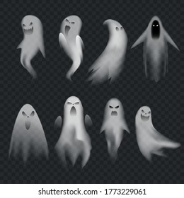 Different realistic ghosts isolated on transparent. Horror spooky ghosts set for halloween. Vector illustration