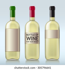 Different realistic glass bottles with white wine. This set of bottles with different covers closed ready for your design template. Vector illustration