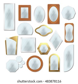 Different realistic mirrors set with steel, gold, and wooden frames, mirror with reflection, Object of mirror isolated on white background, vector illustration.