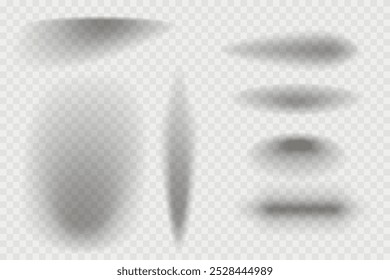 Different realistic round shadow, soft shapes on transparent background. Gray circular and ellipse shadows set. Vector illustration.