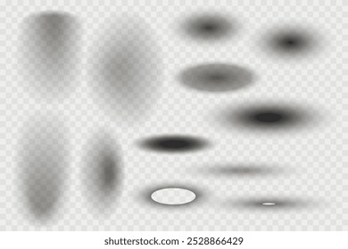 Sombra redonda realista diferente, formas suaves no fundo transparente. Conjunto de sombras circulares e elipses cinza. Ilustração vetorial.
