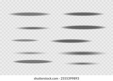 Different realistic round shadow, soft shapes on transparent background. Gray circular and ellipse shadows set. Vector illustration.