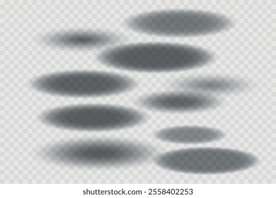 Different realistic round shadow, soft shapes on transparent background. Gray circular and ellipse shadows set. Vector illustration.