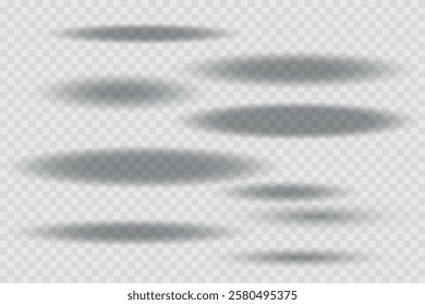 Different realistic round shadow, soft shapes on transparent background. Gray circular and ellipse shadows set. Vector illustration.