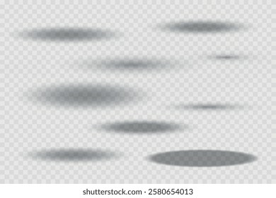 Different realistic round shadow, soft shapes on transparent background. Gray circular and ellipse shadows set. Vector illustration.