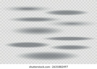 Different realistic round shadow, soft shapes on transparent background. Gray circular and ellipse shadows set. Vector illustration.