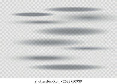 Different realistic round shadow, soft shapes on transparent background. Gray circular and ellipse shadows set. Vector illustration.