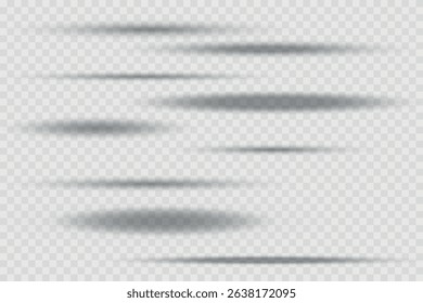 Different realistic round shadow, soft shapes on transparent background. Gray circular and ellipse shadows set. Vector illustration.