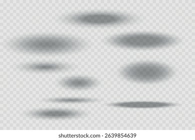 Different realistic round shadow, soft shapes on transparent background. Gray circular and ellipse shadows set. Vector illustration.
