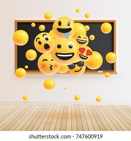 Different realistic smileys in front of a blackboard, vector illustration